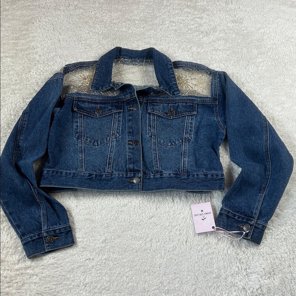 Denim and Sunshine Boho cropped sheer glitter denim Jacket, L - Picture 4 of 10